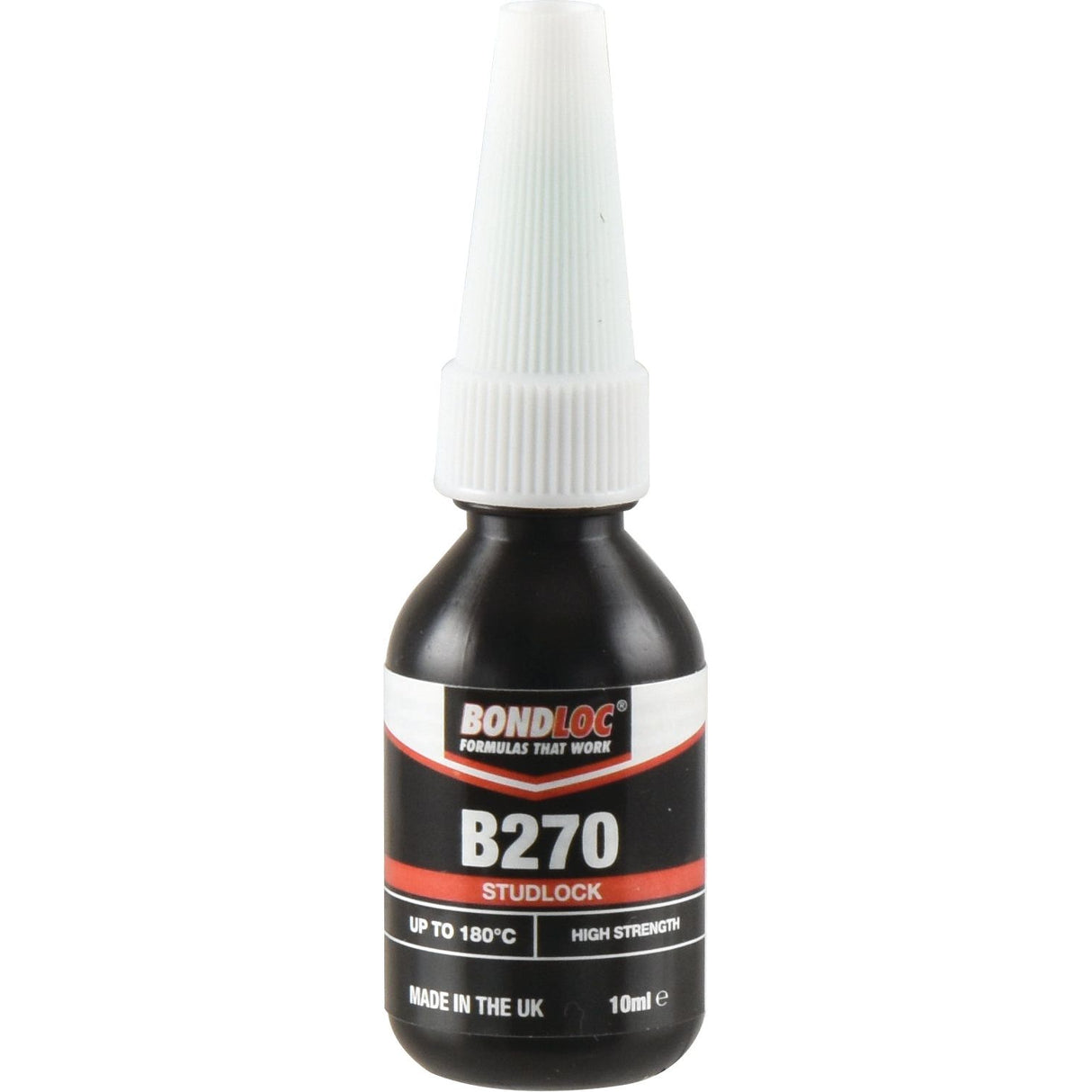Image of a small black bottle of Sparex Studlock B270 10ml (S.24076) adhesive with a white screw cap, boasting high strength and vibration resistance. Made in the UK, it's suitable for use up to 180°C and contains 10 ml.