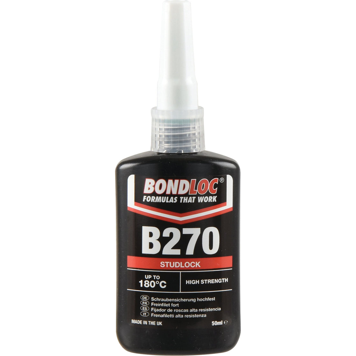 The Sparex Studlock B270 S.24078 high strength threadlocker is available in a 50ml bottle with black, red, and white labeling. This adhesive remains effective up to 180°C and ensures excellent vibration prevention for secure fastening.