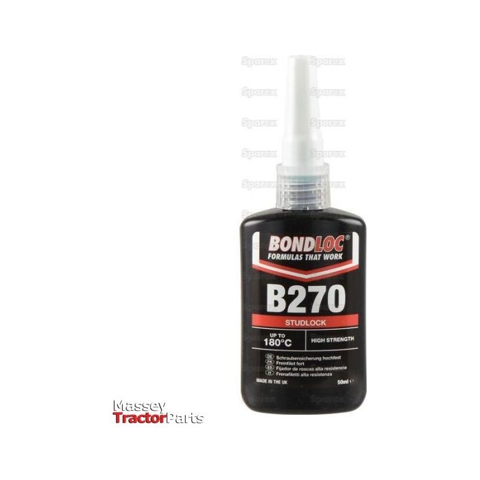 Bottle of Studlock B270 50ml - S.24078, featuring high-strength threadlocker with heat resistance up to 180°C. White cap and red text on the label. Massey Tractor Parts branding in the corner, under the Sparex name. Ideal for vibration prevention in heavy-duty applications.