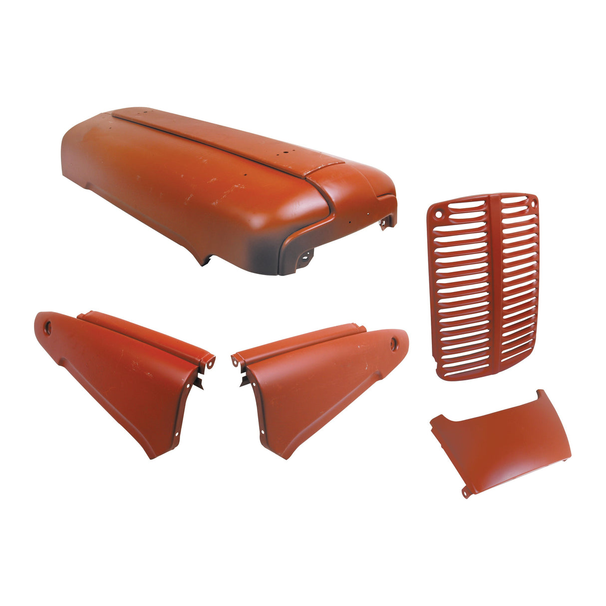This is the Bonnet Assembly by Sparex (Part No. S.42647), a red set of tractor body parts that includes a hood, two side panels, a grille, and a smaller cover panel, compatible with 4-cylinder petrol or diesel engines.