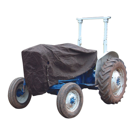 A Sparex tractor, featuring the Bonnet/Engine Cover - Brown S.60175, displays its visible wheels and sturdy metal frame against a plain white background.