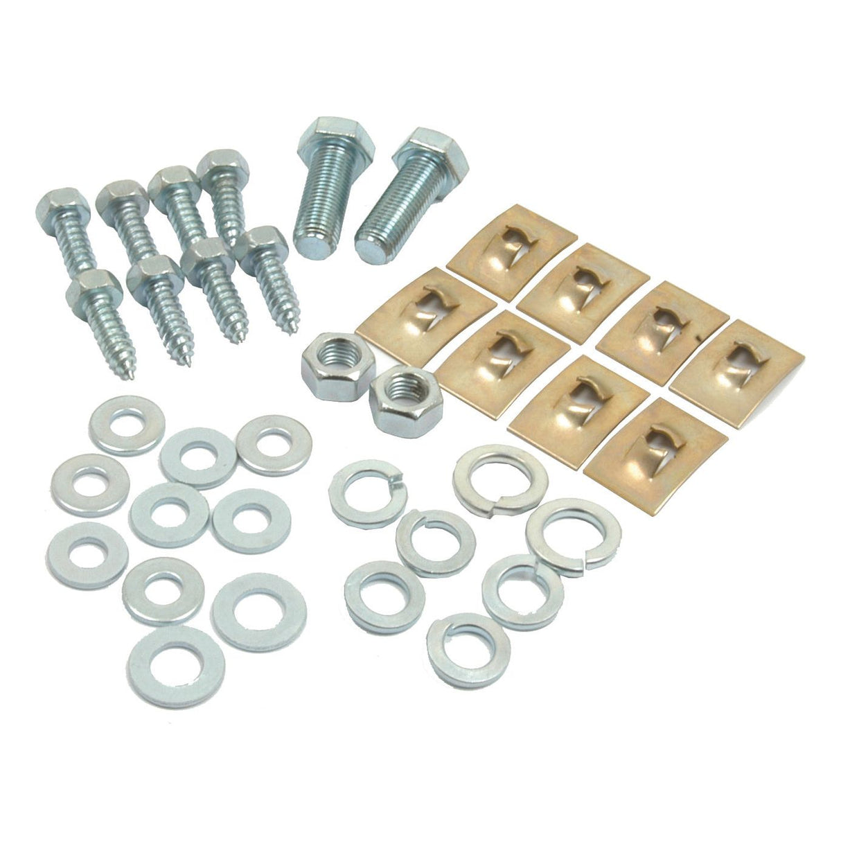 A collection of hardware components, including bolts, screws, washers, nuts, and square metal plates arranged on a white background—a perfect Bonnet Fastener Kit (Sparex Part No. S.43241) from Sparex for Massey Ferguson 35 enthusiasts.