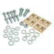 Assorted hardware components, including bolts, nuts, washers, and metallic plates, arranged on a white background as part of the Bonnet Fastener Kit (Sparex Part No. S.43241) by Sparex, suitable for Massey Ferguson 35.