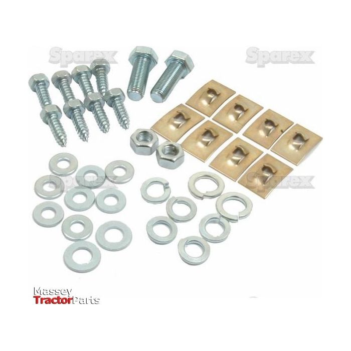An assortment of hardware components, including bolts, screws, nuts, washers, and square plates, all meticulously organized—perfect for your Massey Ferguson 35 when you use the Bonnet Fastener Kit (Sparex Part No. S.43241) from Sparex.