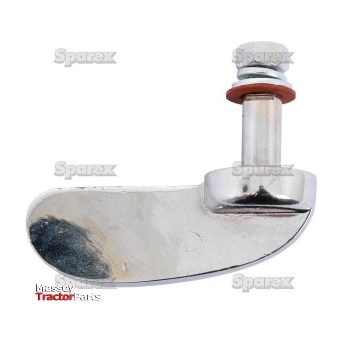 A shiny metallic tractor part with a curved base and cylindrical attachment, featuring the logos of "Sparex" and "Massey Tractor Parts." This image specifically showcases the Sparex Bonnet Catch Assembly, Part No. S.43868.
