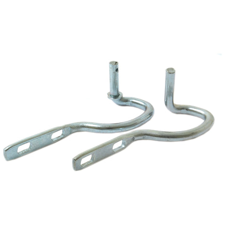 Two curved, metallic brackets with holes for mounting, perfect as a Sparex bonnet hinge (Part No.S.67056) for Ford New Holland tractors.
