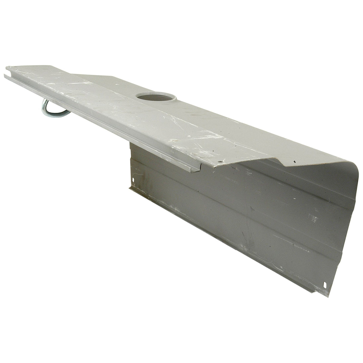 The Bonnet - LH | Sparex Part No.S.60428 from Sparex is a rectangular metal shelf featuring a hole in the center, a handle on one side, and a slightly angled flat surface, making it ideal for Ford / New Holland equipment.