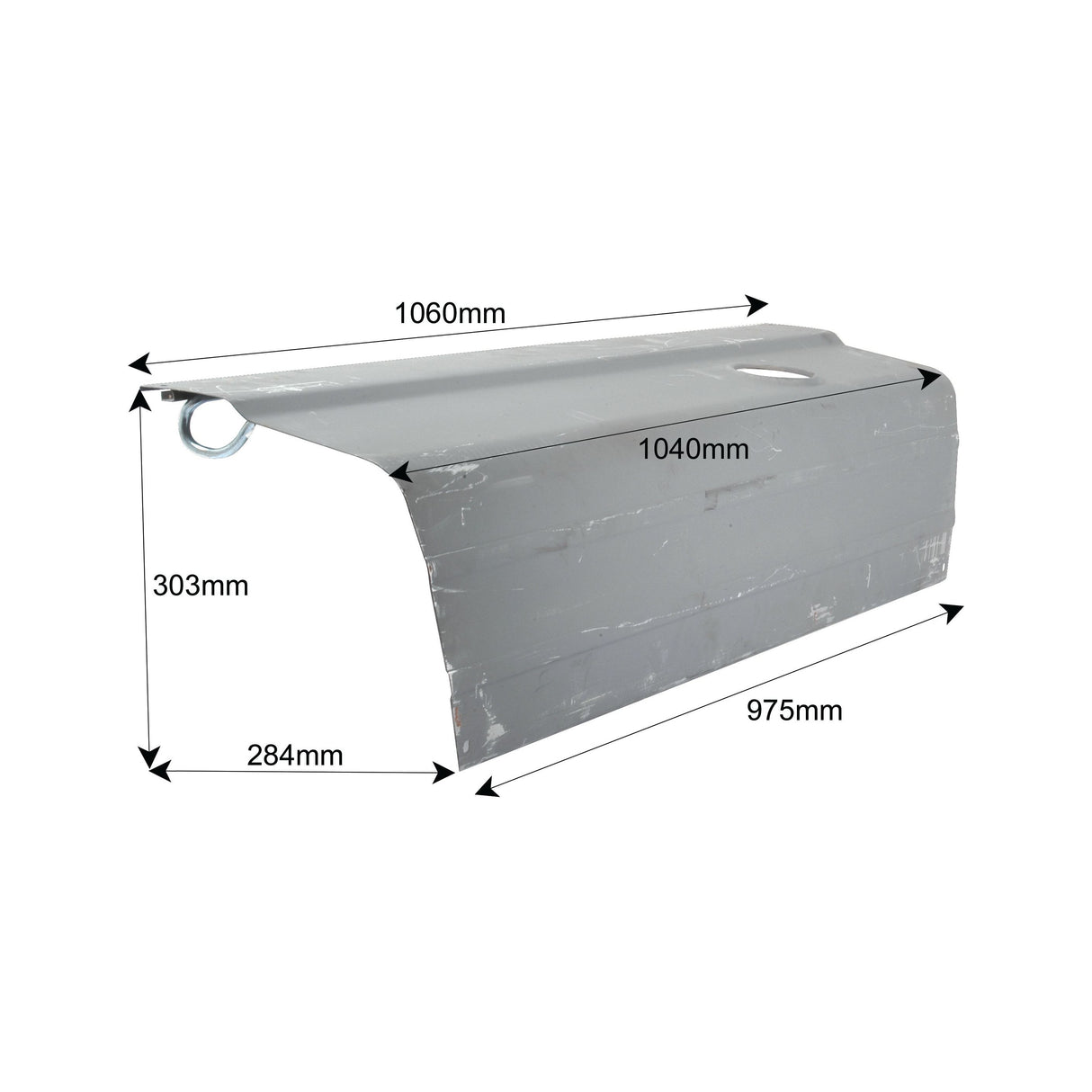 A rectangular metal object, known as the Bonnet - LH with Sparex Part No. S.60431, resembling a Ford/New Holland bonnet, has dimensions of 1060mm in length, 975mm in width, and 303mm in height. It also features a top length of 1040mm and a top width of 284mm. This bonnet includes a circular loop on one side and is compatible with Sparex components.
