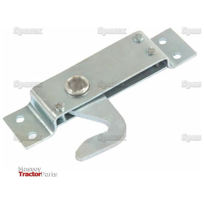 Image of a metal latch with a hook and mounting brackets, featuring the Sparex logo watermarked and the Massey Tractor Parts logo at the bottom. This Bonnet Catch Assembly (Sparex Part No. S.67183) is compatible with Ford / New Holland models.