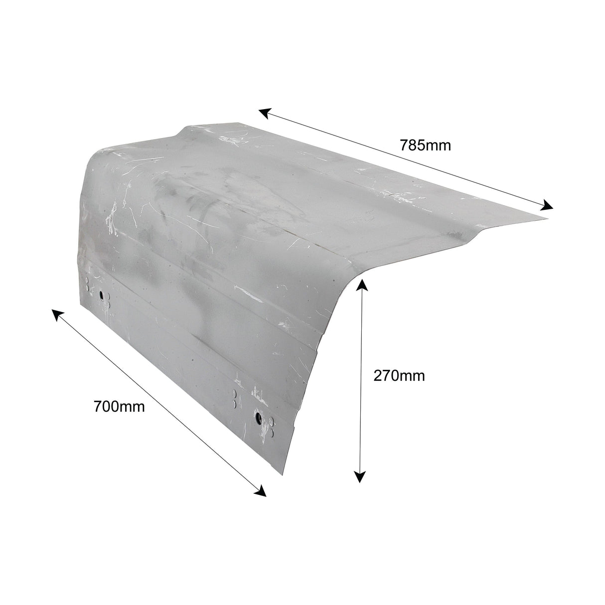 A grey, rectangular metal sheet designed as the Bonnet RH for Ford/New Holland 2000, with dimensions labeled as 785mm, 270mm, and 700mm is available under the product name Bonnet - RH | Sparex Part No. S.60427 by the brand Sparex.