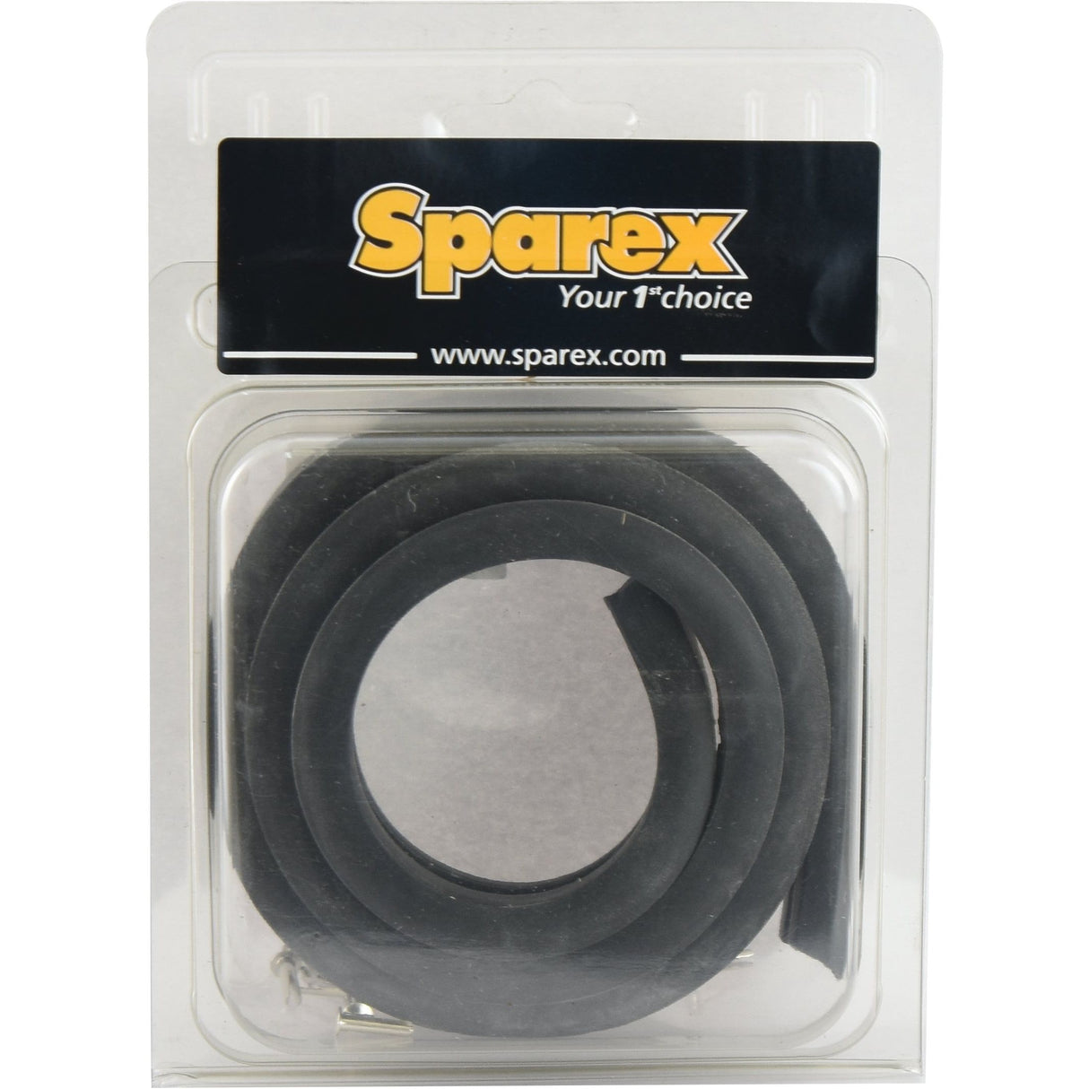 A coiled black rubber fuel hose in a transparent plastic package with a black and yellow label displaying the brand name Sparex, specifically designed for classic Massey Ferguson models like the TE20, using the Bonnet Rubber & Rivet Set (Sparex Part No. S.43583).