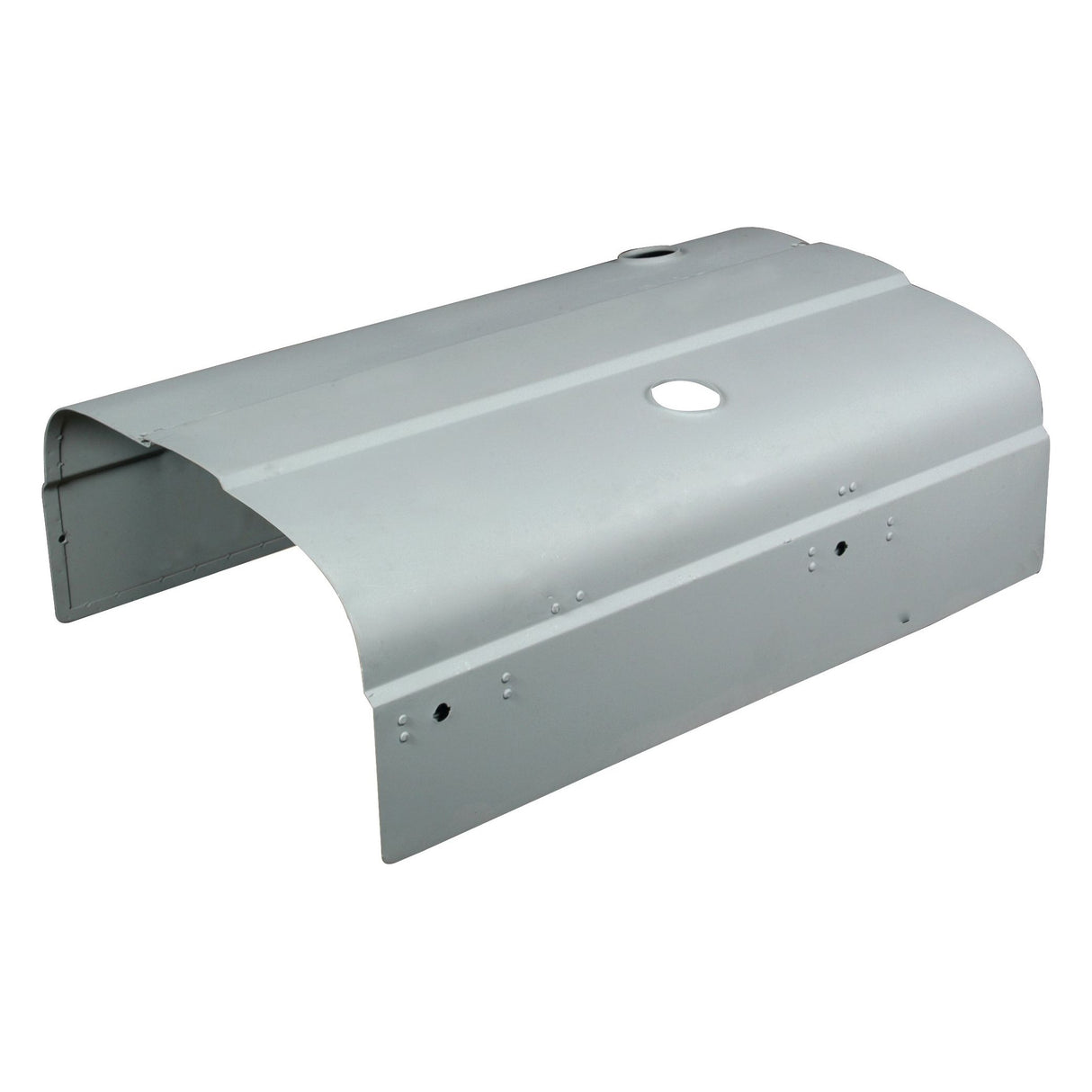 A gray metal bonnet with a curved top and a round opening in the center, designed for Ford New Holland tractors. This is available as Bonnet | Sparex Part No.S.67912 from the Sparex brand.