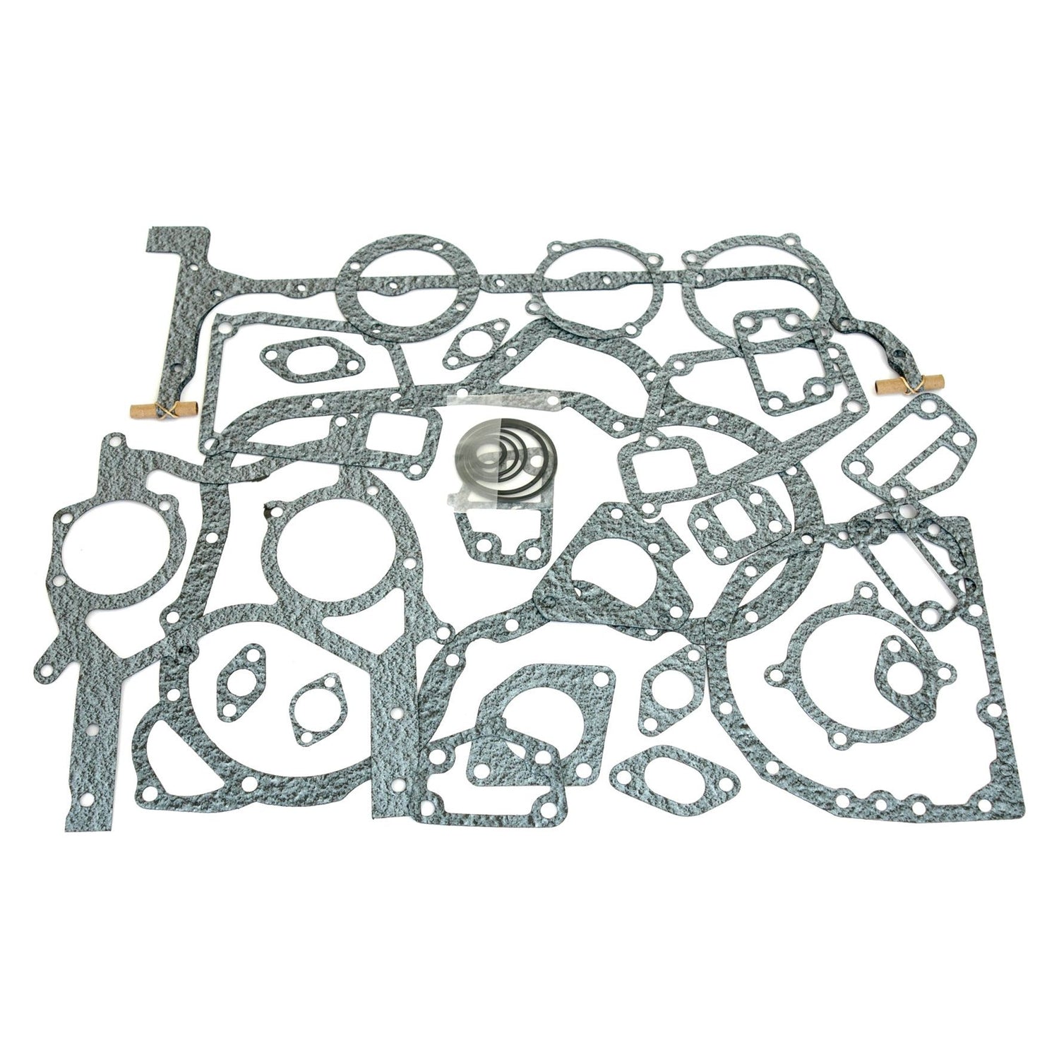 A collection of variously shaped grey gaskets and seals from the Sparex Bottom Gasket Set - 4 Cyl. (1004.4T, 1004.41) | Sparex Part No.S.42402, arranged on a white background.