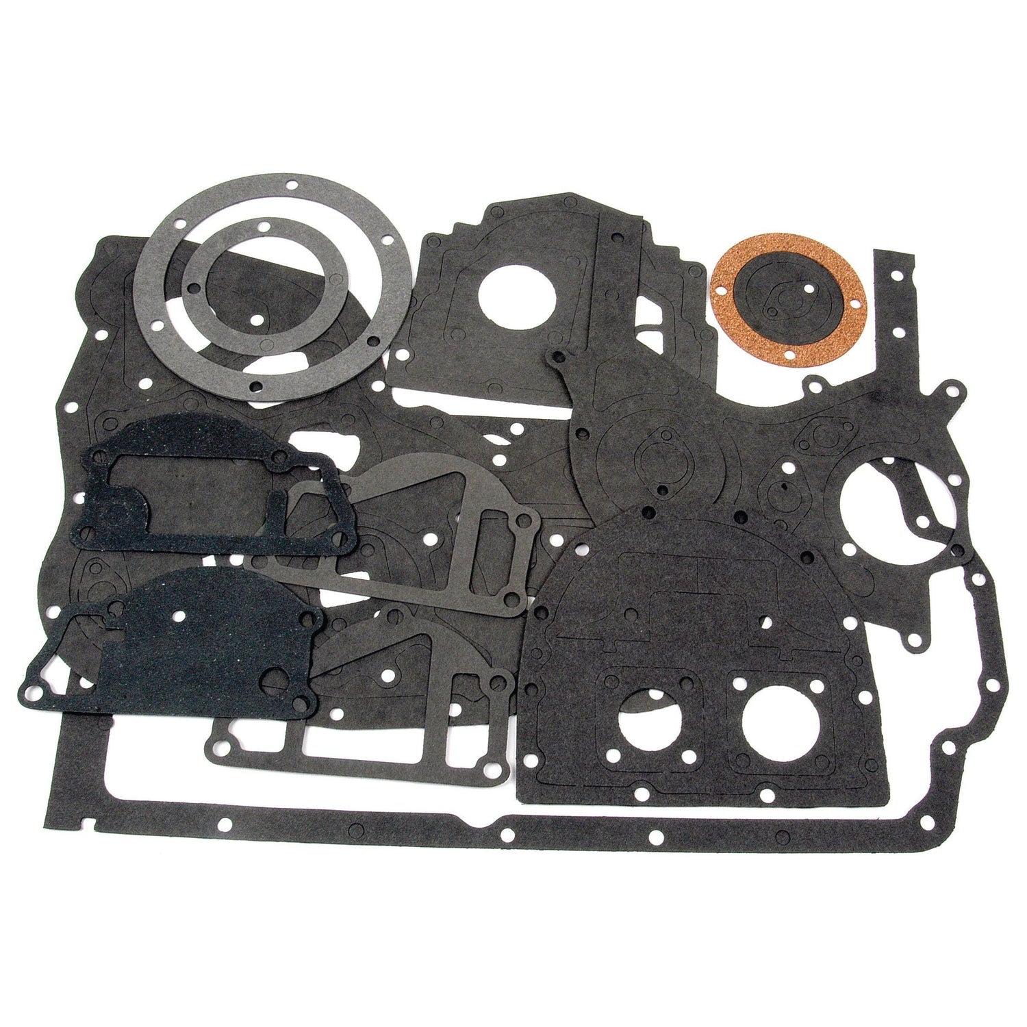 A variety of asbestos-free gaskets from the Sparex Bottom Gasket Set - 4 Cyl. (AD4.203, A4.212, A4.236, AT4.236, A4.248) | Sparex Part No.S.40610, displayed flat on a white background.