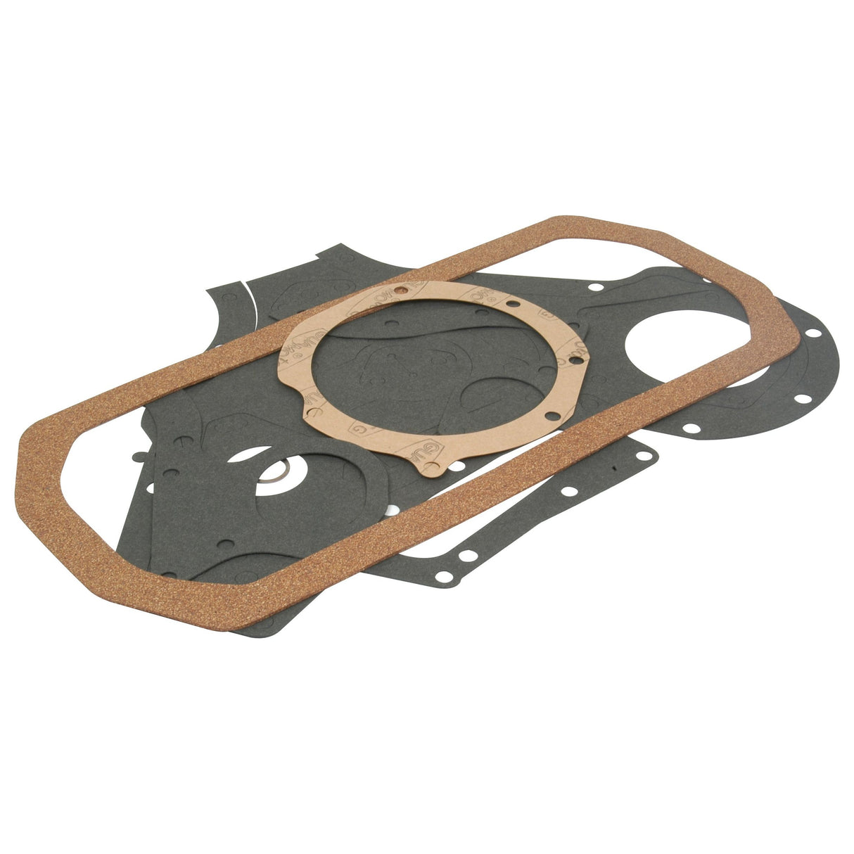 A collection of various automotive gaskets, comprising the Bottom Gasket Set - 4 Cyl. (BD144, BD154) | Sparex Part No.S.57689 by Sparex, in diverse shapes and sizes, arranged on a plain white background.