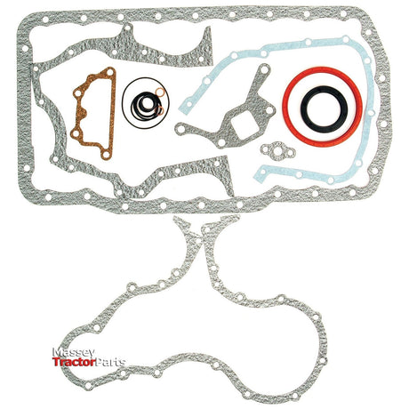 A variety of tractor gaskets and seals arranged on a white background, featuring an assortment of rectangular, circular, and irregular shapes. The image is labeled "Massey Tractor Parts," highlighting compatibility with Ford Engine models such as the PowerStar series. The product depicted is the Bottom Gasket Set - 4 Cyl. (PowerStar 4.4, PowerStar 5, PowerStar 5.0T) by Sparex (Part No.S.66545).