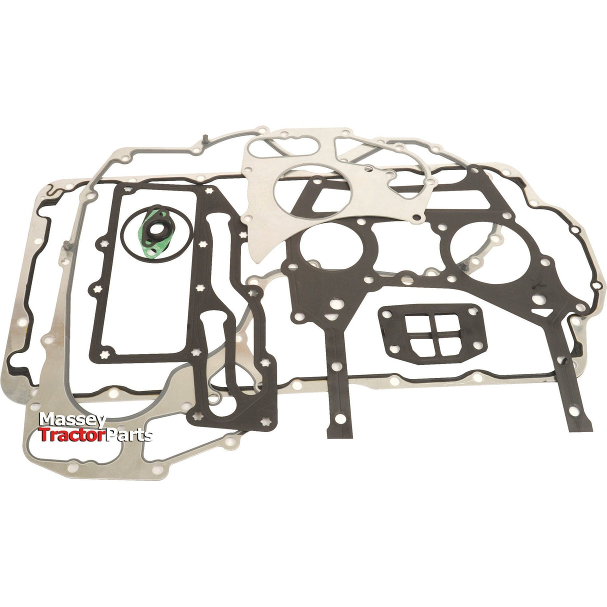 A collection of gaskets laid flat with the Massey Tractor Parts logo in the bottom left corner, featuring a Sparex Bottom Gasket Set - 4 Cyl. (Sparex Part No. S.111808) for a Perkins Engine.