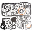 An assortment of Sparex brand automotive gaskets from the Bottom Gasket Set - 6 Cyl. (A4.236, A6.354, A6.354.1, A6.354.4, AT4.236, AT6.354, AT6.354.1, AT6.354.4, T6.354, T6._654 QA) (Sparex Part No.S_40616), compatible with Perkins Engine and Massey Ferguson models arranged on a white background