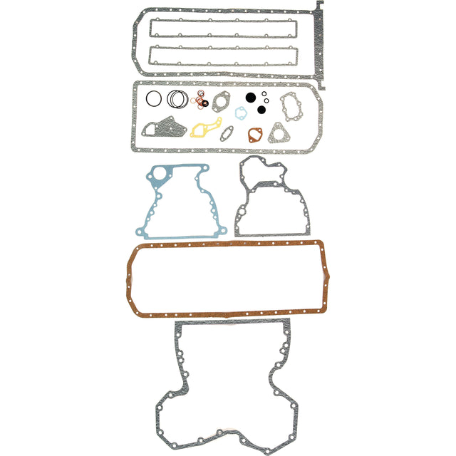A variety of gasket and seal shapes and sizes, including the Bottom Gasket Set for a John Deere 6 Cyl. Engine (JD 6.359T) by Sparex, are arranged on a white background.