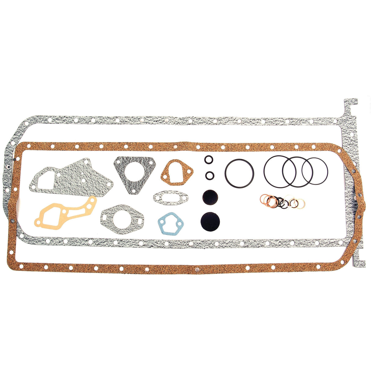 A variety of gaskets and seals, including O-rings of different shapes and sizes, is laid out on a white background - ideal for maintaining a 6-cylinder engine or repairing John Deere machinery. This assortment features components from the Sparex Bottom Gasket Set - 6 Cyl. (JD 6.359T) | Sparex Part No.S.58850.