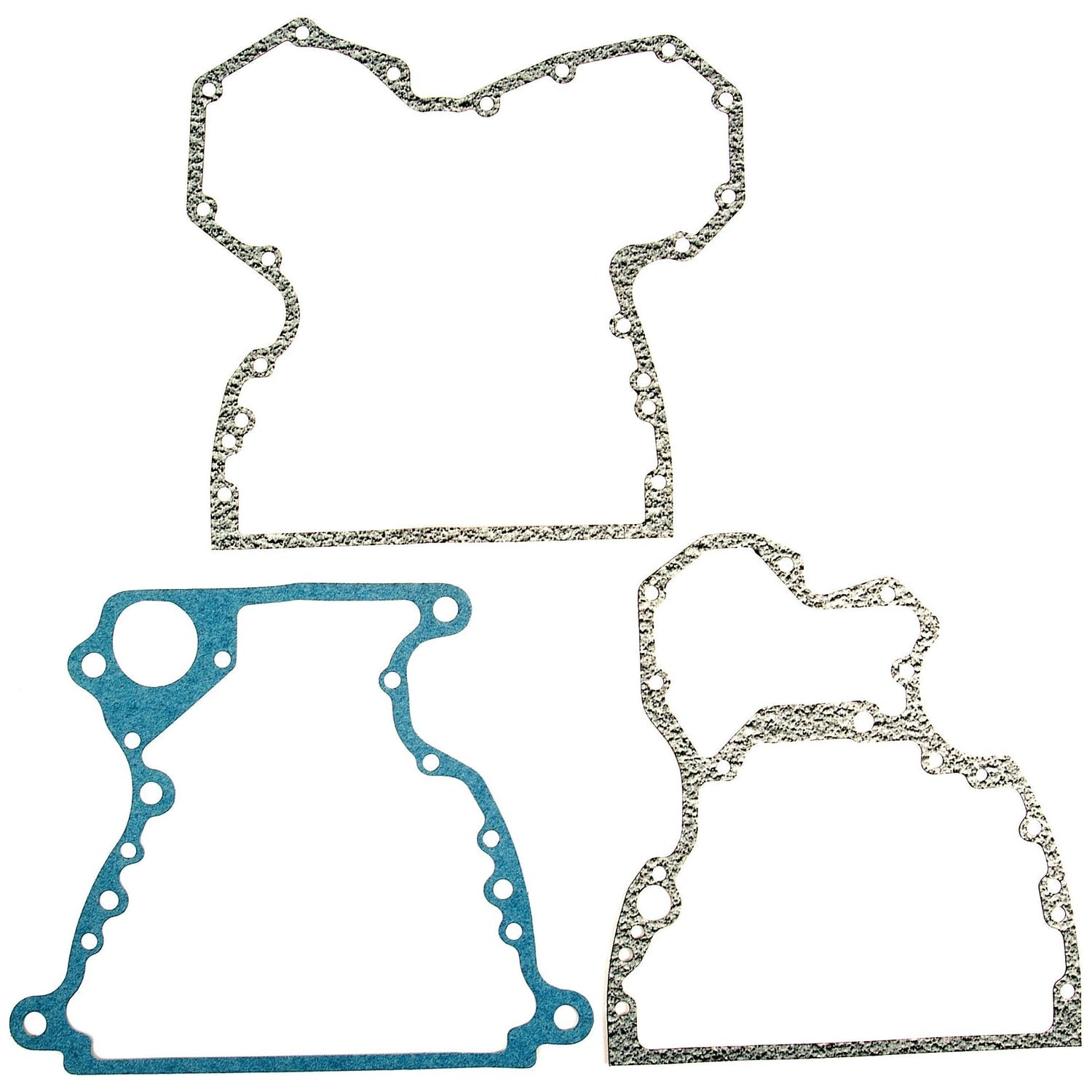 Three gaskets of varying shapes and sizes, typically used in automotive or mechanical contexts, are displayed against a white background. One can easily imagine these essential components fitting into a 6 Cyl. Engine from John Deere machinery, specifically the Bottom Gasket Set - 6 Cyl. (JD 6.359T), Sparex Part No.S.58850 by Sparex.
