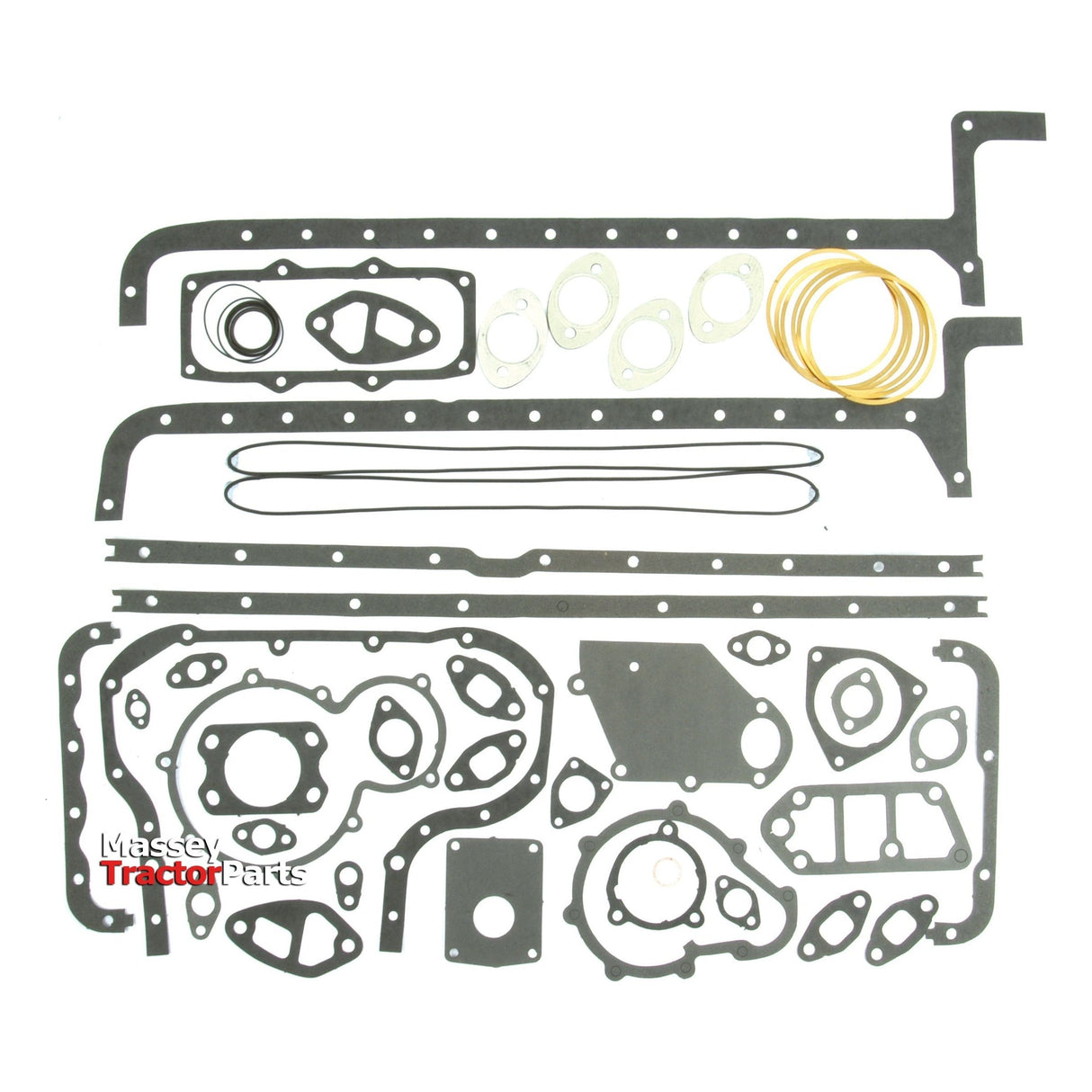 Image showing a comprehensive Bottom Gasket Set - 6 Cyl. (OMCP3) from Massey Tractor Parts, neatly arranged on a white background. The set includes various shapes and sizes of gaskets, seals, and O-rings, along with the 110mm Liner compatible with Sparex Cylinder systems for Fiat 1300 models. Featured product is branded by Sparex with Part No.S.59148.