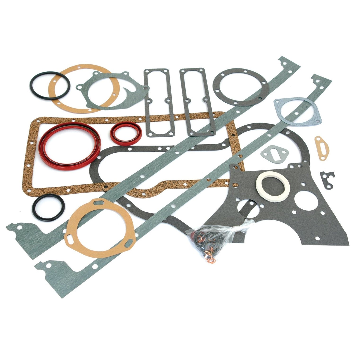 Various automotive gaskets and seals, including the "Bottom Gasket Set - 6 Cyl." (Sparex Part No. S.57562) by Sparex for David Brown 6-cylinder engines, arranged on a white surface.