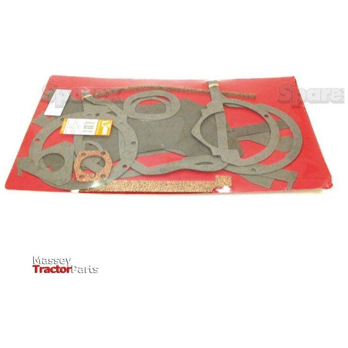 A set of variously shaped Bottom Gasket Sets - 4 Cyl. (A4.107, A4.192, AD3.152, AD4.203, AT4.236) | Sparex Part No.S.40609 displayed on a red background, with the Massey Tractor Parts logo visible in the bottom left corner, showcasing the quality expected from genuine Massey Ferguson parts by Sparex.