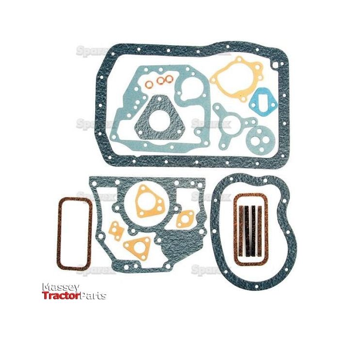 Assorted engine gaskets for a vehicle, including options suitable for Leyland 154 and BMC 15T models, are laid out on a white background. Gasket shapes include circular, rectangular, and irregular in various sizes and colors. Perfect as part of the Sparex Bottom Gasket Set - 4 Cyl. (BMC 15T) | Sparex Part No.S.58730.