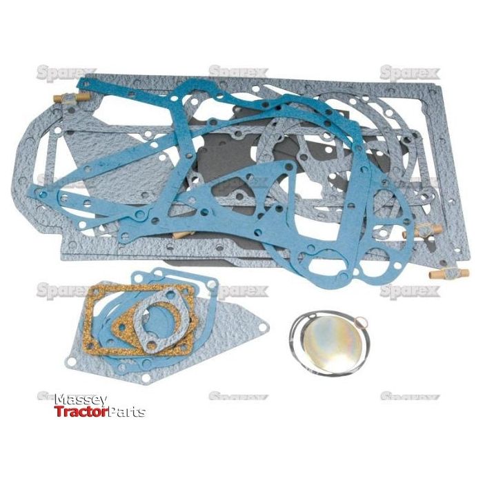 A Bottom Gasket Set - 4 Cyl. (Sparex Part No. S.57690), featuring a variety of blue and gray gaskets and seals, is displayed on a white background with the Sparex logo in the background, highlighting its compatibility with Case IH machinery.