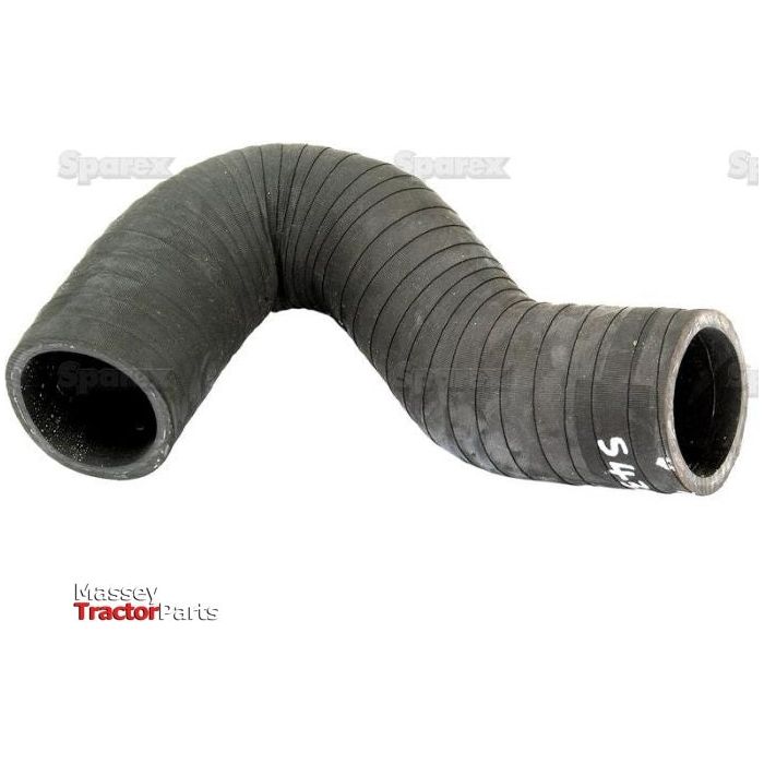 A genuine Massey Ferguson component, this black, ribbed, flexible rubber hose with an elbow bend features the number "545" written on it. The product has a smaller inner diameter of 50mm at one end and a larger inner diameter of 52mm at the other, identified as Sparex Part No. S.43128. The white background displays logos for "Sparex" and "Massey Tractor Parts.