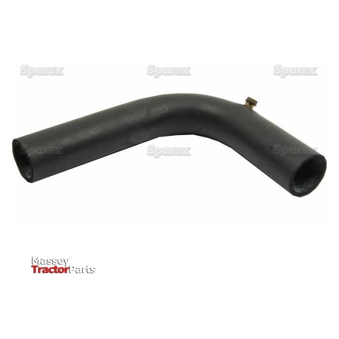 Black L-shaped rubber engine hose with a slight curve, labeled Massey Tractor Parts, displayed against a white background. Enhanced with a Hose clip from Sparex for secure attachment. This Bottom Hose features an inner diameter of 58mm at the smaller end and 60mm at the bigger end (Sparex Part No.S.59003).
