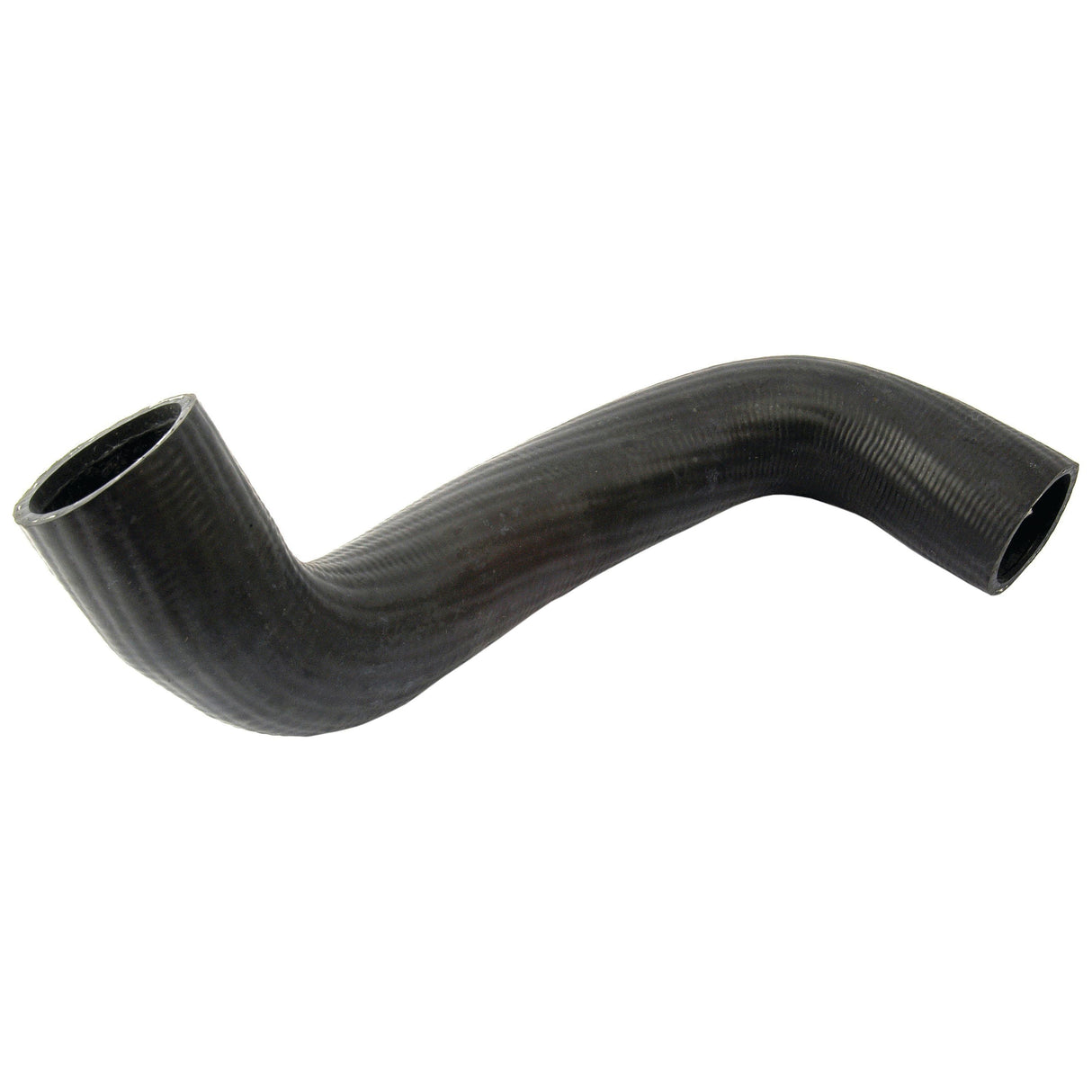 Introducing the Sparex Bottom Hose (Part No. S.65013), featuring a black, curved rubber design with a smooth surface. With an inner diameter of 42mm at the smaller end and 45mm at the bigger end, it is ideal for Ford/New Holland models.