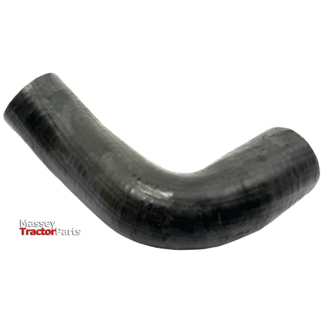A bottom hose, black and rubber, curved at a 90-degree angle with an inner diameter of 48mm on the smaller end and 52mm on the larger end, placed against a white background. The "Massey Tractor Parts" logo is visible in the bottom left corner, featuring a Sparex S.43136 hose clip for added security.