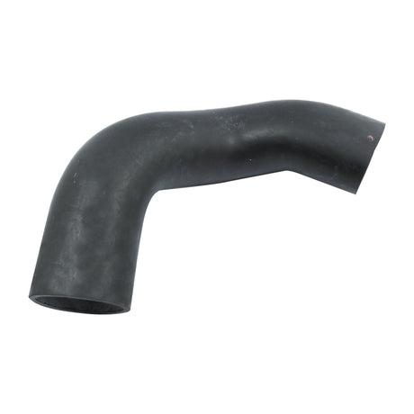 A black rubber bottom hose, suitable for Massey Ferguson equipment, with inner diameters of 55mm at the smaller end and 58mm at the bigger end, bent at a 90-degree angle. (Sparex Part No.S.43129)