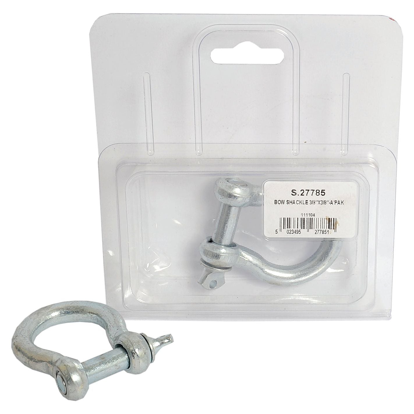 A Sparex Bow Shackle with a pin diameter of 10mm (Part No. S.27785) is displayed within a plastic and cardboard package, featuring both the barcode and product number clearly marked. Another Sparex shackle is positioned adjacent to the package.