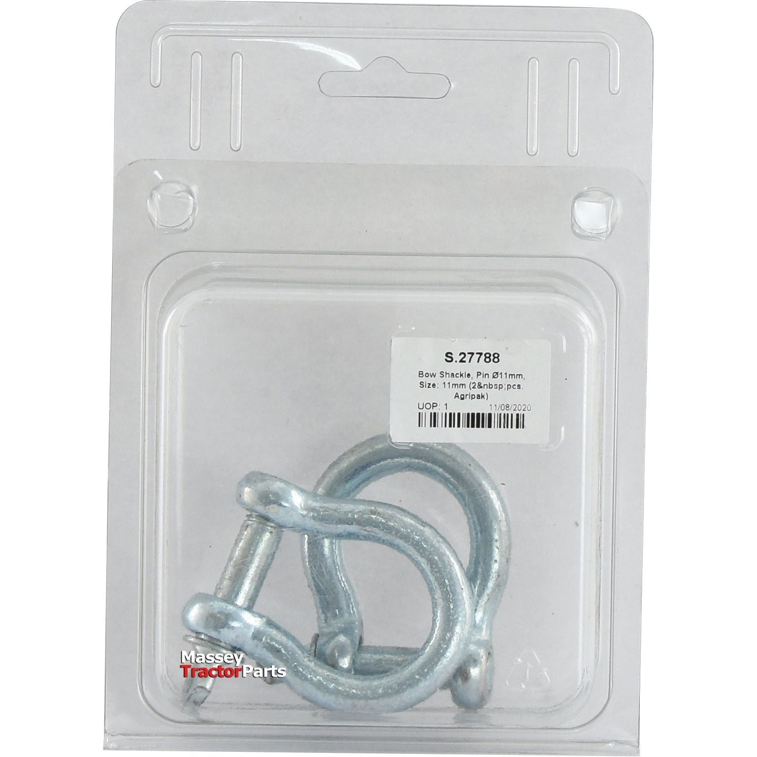 Two Bow Shackles, size 11mm with an 11mm pin diameter, are packaged in clear plastic with a white label displaying product details. These shackles are drop forged from mild steel and come in a pack of two from the brand Sparex, identified by Part No.S.27788.