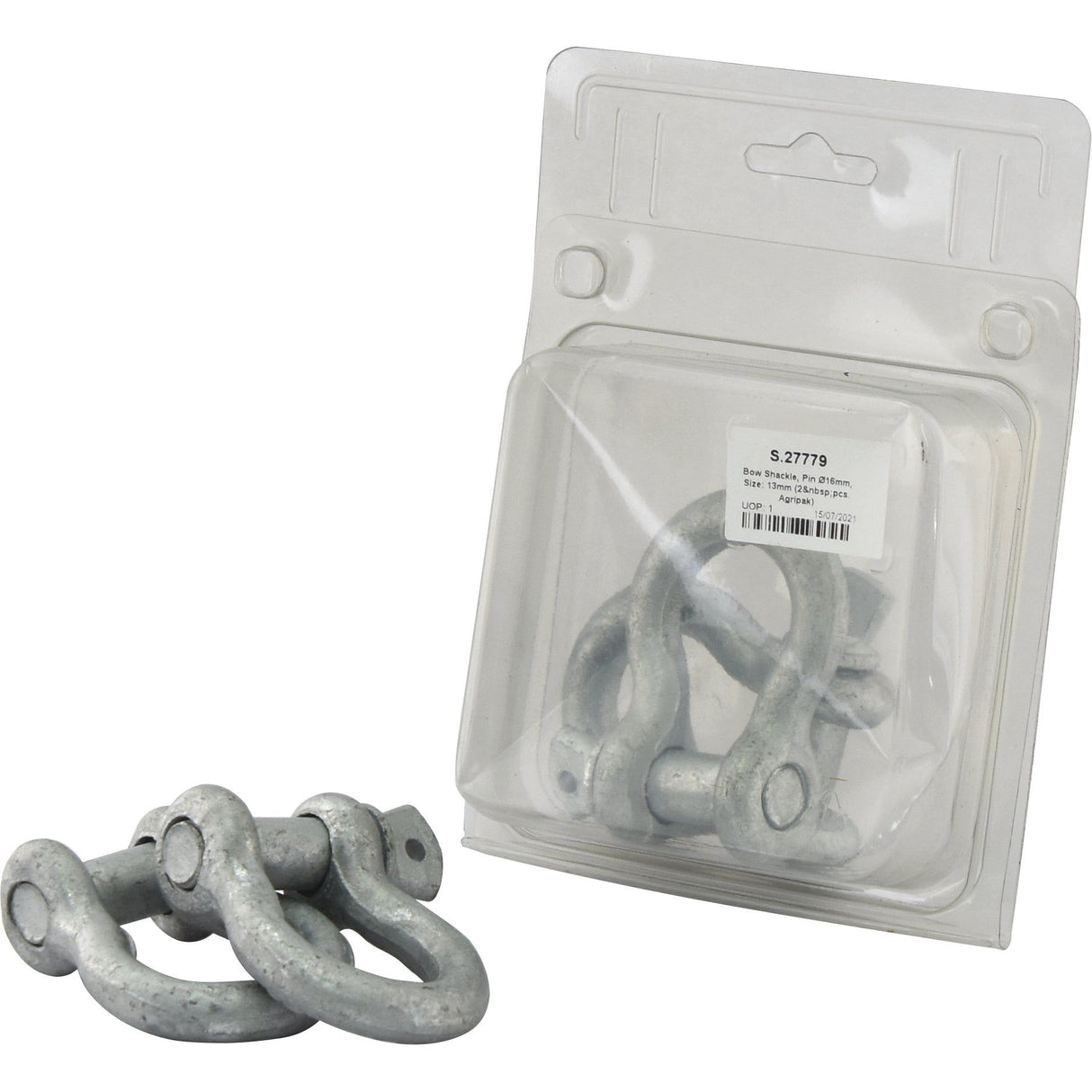 The Bow Shackles, both packaged and unpackaged, are constructed from high-quality Drop Forged Mild Steel. The packaged set, labeled as Sparex Part No.S.27779 by the brand Sparex, includes two pieces with a pin diameter of 16mm and a size of 13mm (Agripak).