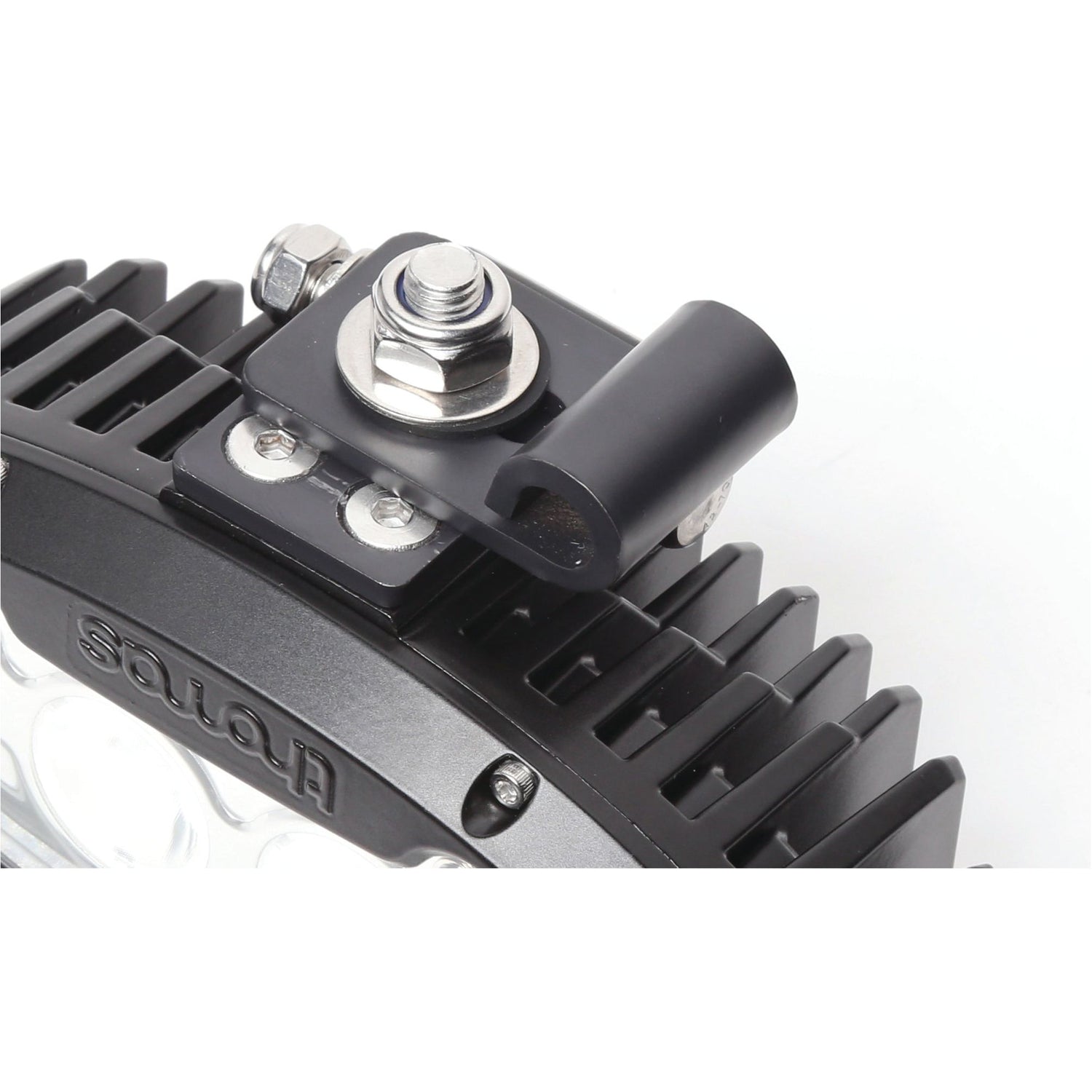 Close-up of an LED light housing featuring the Sparex Bracket - rolled, with a 36mm width (Sparex Part No.S.154012), along with visible metal mounting bracket, screws, and black plastic components. The adjustable angle bracket ensures optimal lighting direction, making it ideal for installation on tractors.
