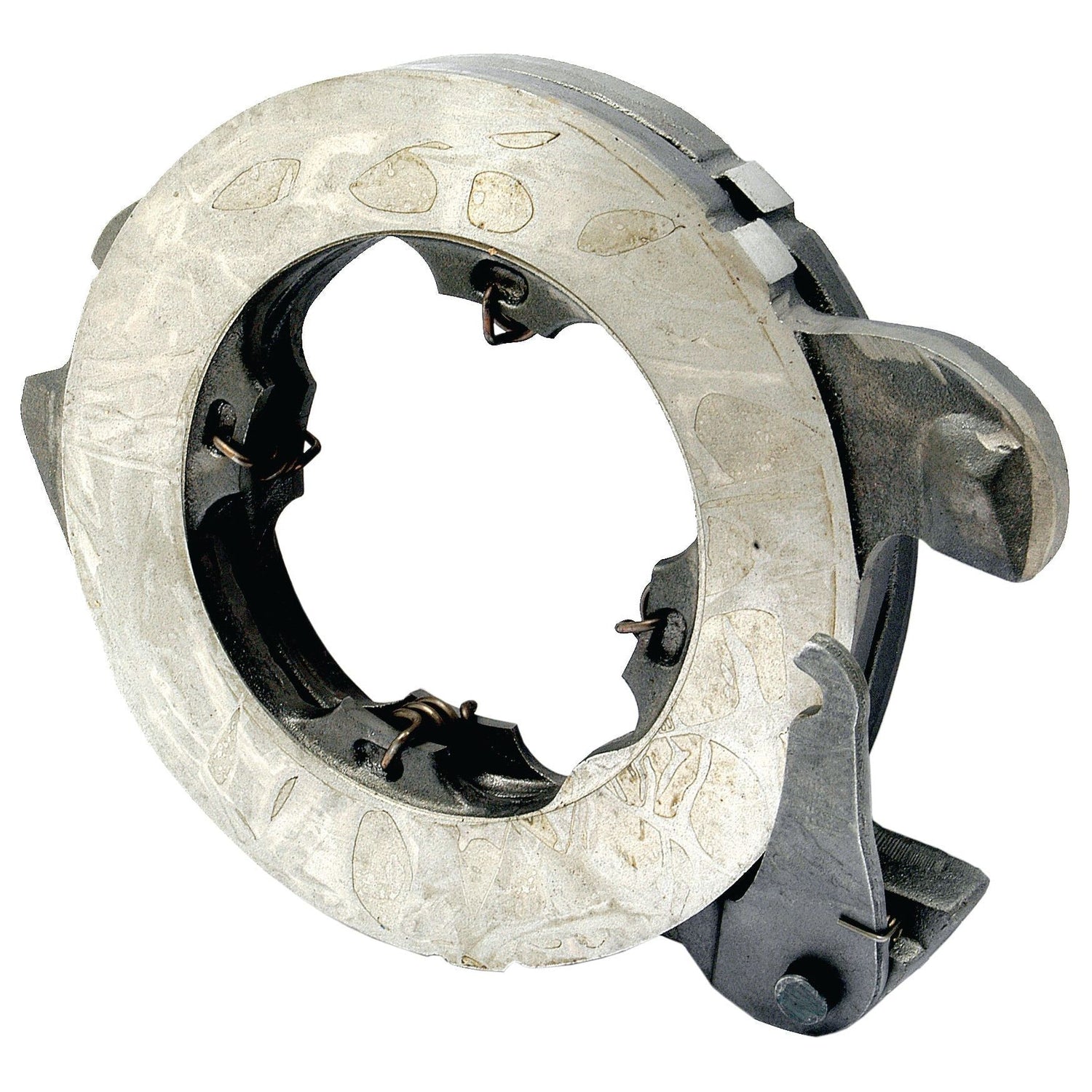 The Sparex Brake Actuator (Part No. S.43483) is a durable metal machinery part featuring a circular central opening and multiple clamps around the exterior edge, making it ideal for Massey Ferguson tractors. This robust component can be used as a Sparex replacement or integrated into the brake actuator system for efficient performance.