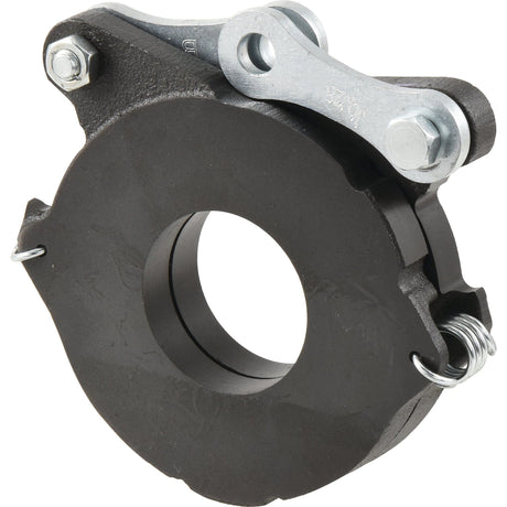 Close-up of a Sparex Brake Actuator (Part No. S.66150) featuring a black mechanical coupling component with a metallic clasp and spring latch, specifically designed for use in brake actuators on Ford New Holland machinery by Carlisle.