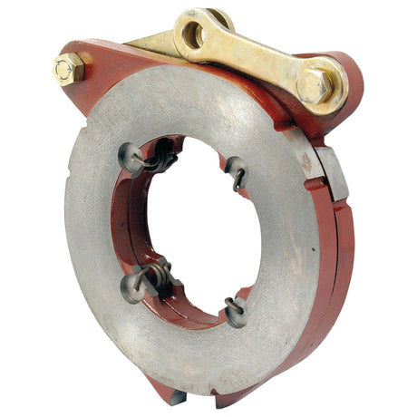 A close-up of a mechanical component featuring a circular iron ring with a red housing and a metallic lever mechanism attached at the top, reminiscent of the Sparex Brake Actuator (Sparex Part No.S.66176), often found in Ford and New Holland machinery.