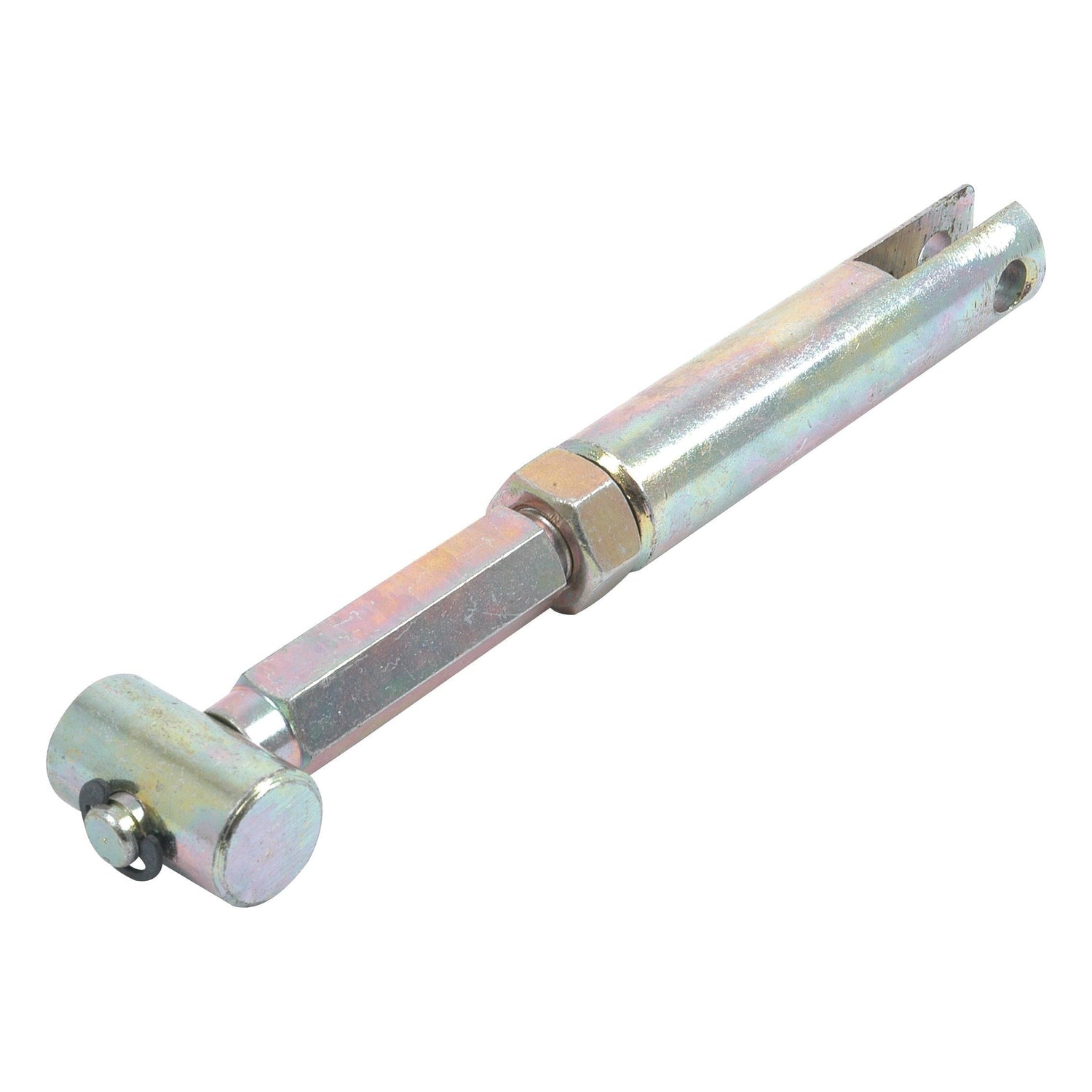 A metal turnbuckle with a hexagonal adjuster and a cylindrical head, featuring a locking pin, akin to the Brake Adjuster Assembly (Sparex Part No. S.69881) from Sparex.