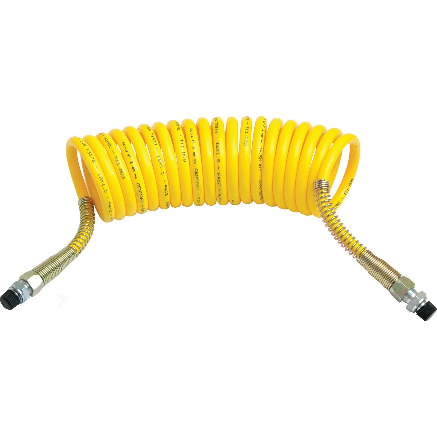 Displayed against a plain white background, the Brake Airline Recoil Hose (Sparex Part No. S.35720) by Sparex is a coiled yellow air hose with M16 metal fittings at both ends.