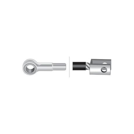 An illustration of an eyelet terminal (left) and a crimping connector with a wire (right), separated by a vertical line, reminiscent of the robust components used in International Harvester machinery, featuring Sparex branded Brake Cable - Length: 1009mm, Outer cable length: 580mm. | Sparex Part No.S.37291.