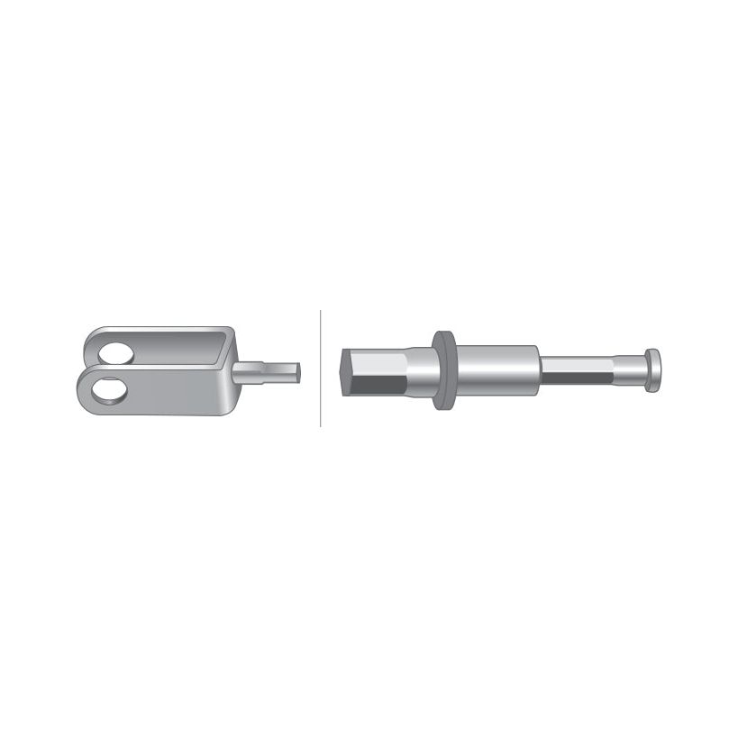 Image of a clevis and rod assembly, with the clevis on the left featuring two holes, and the rod on the right with a hexagonal section, threaded end, and cylindrical tip. This part is compatible with Ford New Holland tractors and can serve as a reliable Cable end replacement. This specific component is identified as the Brake Cable by Sparex (Part No.S.66255), measuring 1855mm in length with an outer cable length of 1697mm.