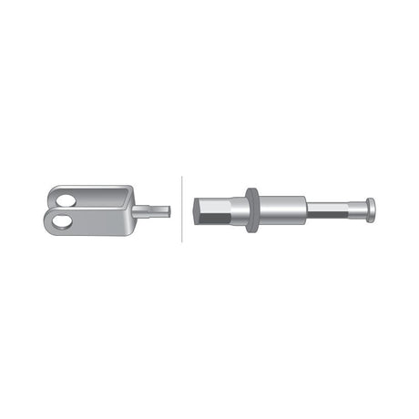 Image of a clevis and rod assembly, with the clevis on the left featuring two holes, and the rod on the right with a hexagonal section, threaded end, and cylindrical tip. This part is compatible with Ford New Holland tractors and can serve as a reliable Cable end replacement. This specific component is identified as the Brake Cable by Sparex (Part No.S.66255), measuring 1855mm in length with an outer cable length of 1697mm.
