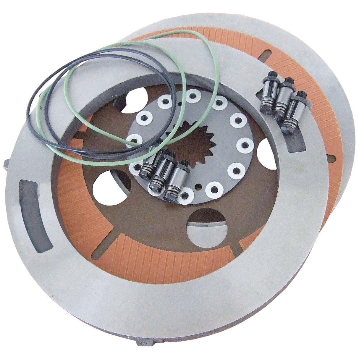 A set of automotive brake components, including two heavy duty brake discs, a metal ring, and multiple bolts from the Brake Disc Kit | Sparex Part No. S.102730 by Sparex, arranged on a white background.