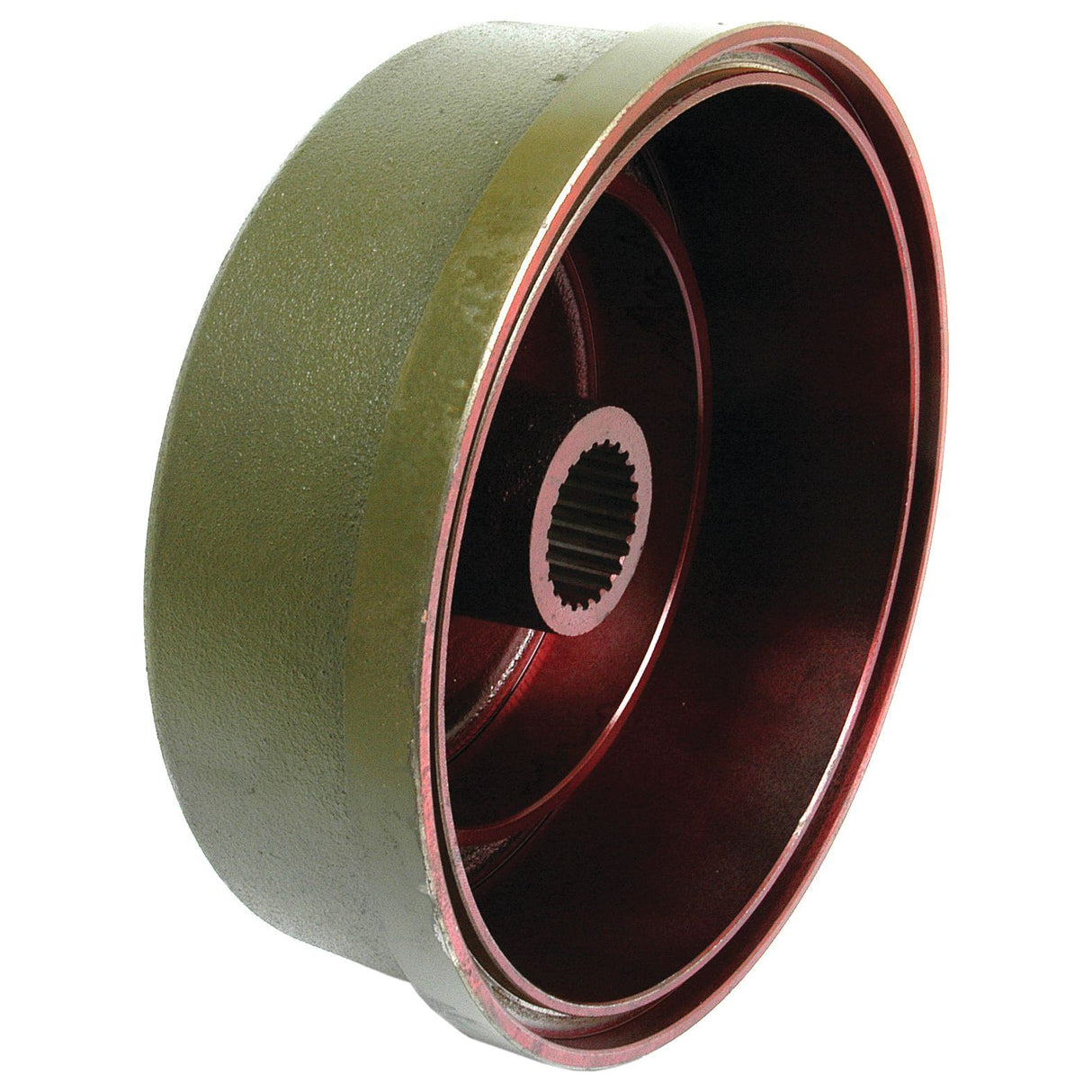 A close-up image of a Brake Drum (Sparex Part No. S.312051) from a Deutz-Fahr DX3.90 tractor, featuring a green metal exterior, a red interior, and a circular opening at the center with ridged edges.