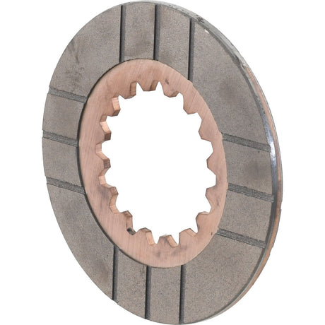 Close-up of the Sparex Brake Friction Disc, OD 143mm - S.37275, featuring metal sintered lining grooves and a central spline hole, ideal for Case IH machinery, on a white background.